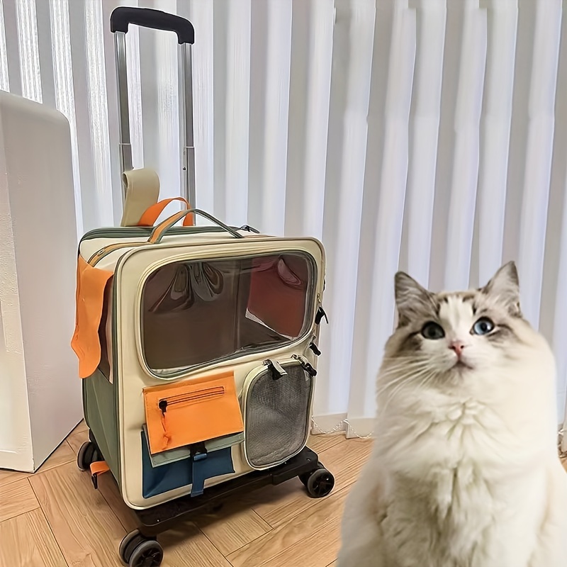 Pet Rolling Suitcase with Five Silent Wheels, Anti-Slip And Shockproof Cat Carrier for Convenient Outdoor Use, Breathable Mesh Dual-Shoulder Backpack with Large Capacity, Suitable for Carrying Or Pulling, for Cats And Dogs Up to 10Kg.